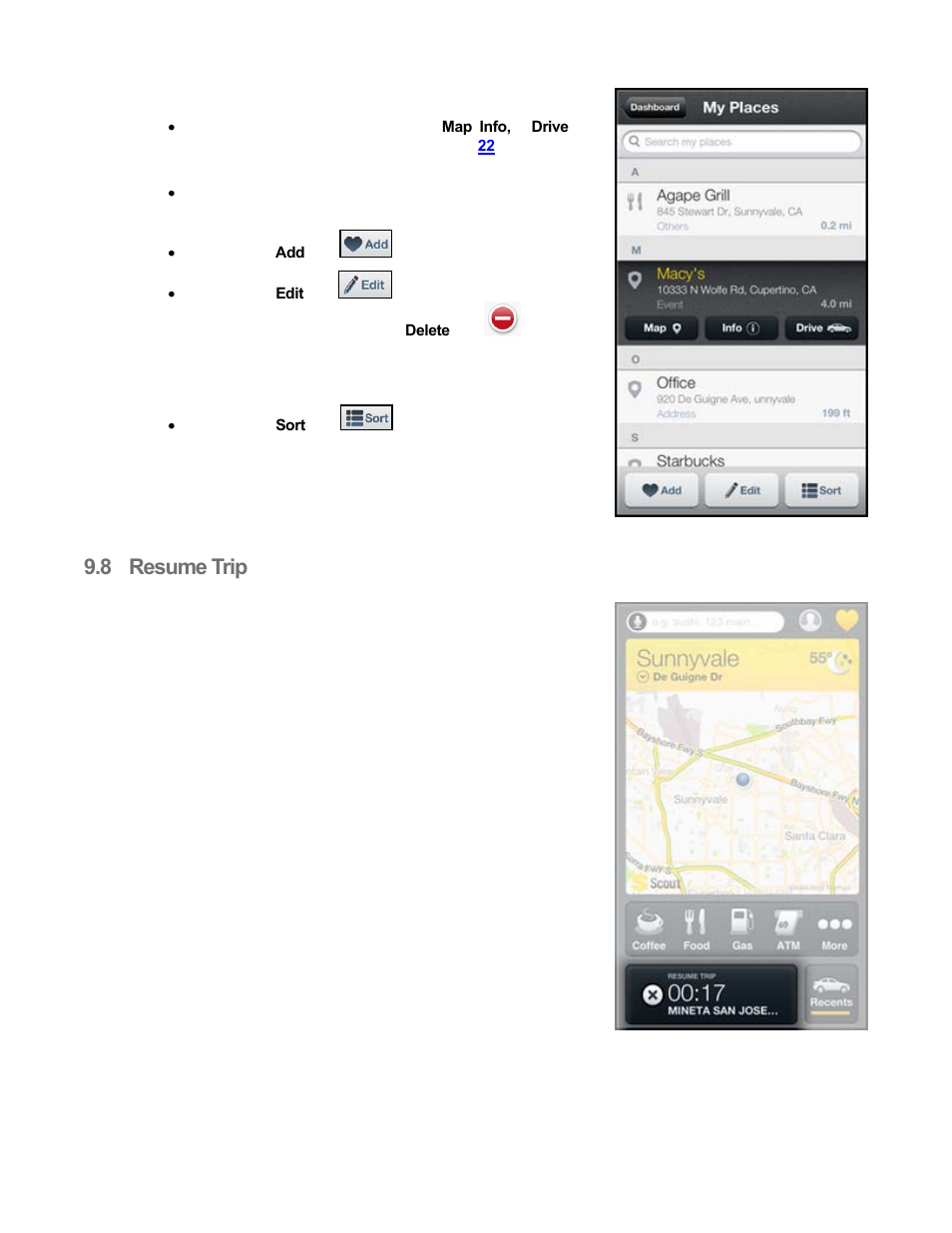 8 resume trip, Resume trip | Telenav Scout v1.9 for iPhone (open market) User Manual | Page 24 / 70