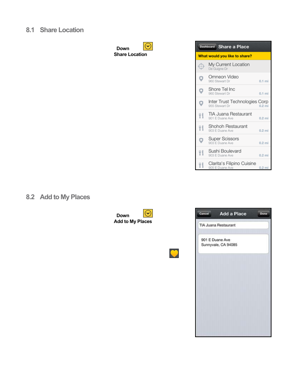 1 share location, 2 add to my places, Share location | Add to my places | Telenav Scout v1.8 for iPhone (open market) User Manual | Page 15 / 67
