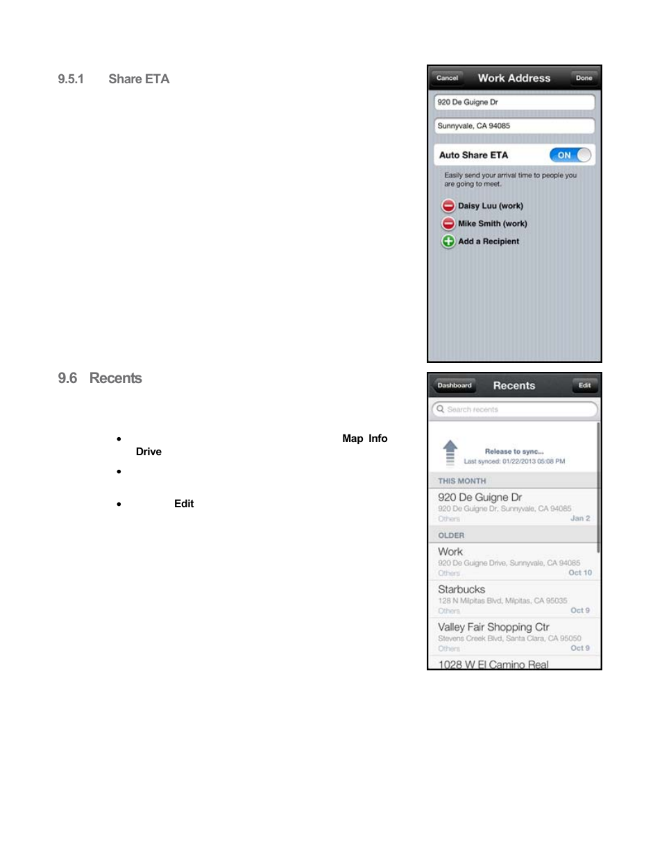 1 share eta, 6 recents, Share eta | Recents | Telenav Scout v1.8 for iPhone (open market) User Manual | Page 20 / 67