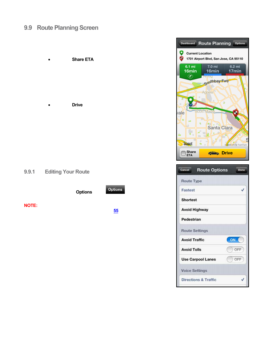 9 route planning screen, 1 editing your route, Route planning screen | Editing your route | Telenav Scout v1.8 for iPhone (open market) User Manual | Page 24 / 67