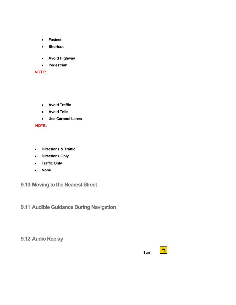 10 moving to the nearest street, 11 audible guidance during navigation, 12 audio replay | Edit route type, Edit route settings, Edit voice settings, Moving to the nearest street, Audible guidance during navigation, Audio replay | Telenav Scout v1.8 for iPhone (open market) User Manual | Page 25 / 67