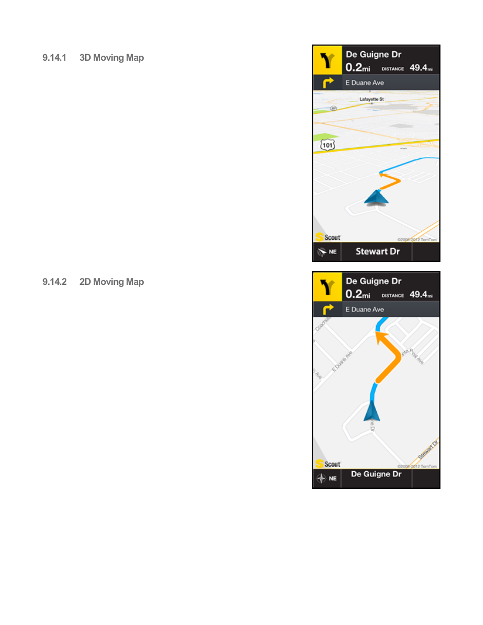 1 3d moving map, 2 2d moving map, 3d moving map | 2d moving map | Telenav Scout v1.8 for iPhone (open market) User Manual | Page 27 / 67