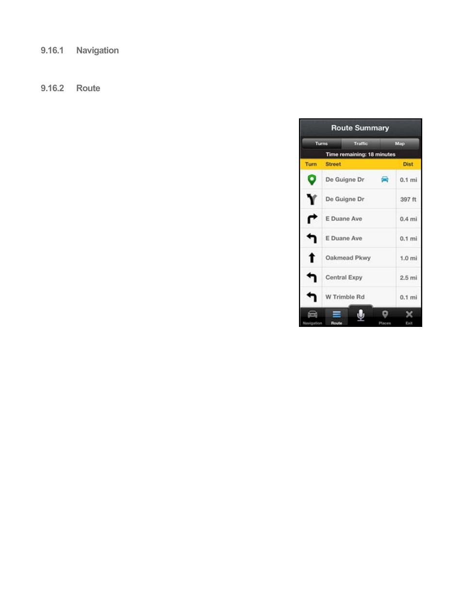 1 navigation, 2 route, Navigation | Route, Turns | Telenav Scout v1.8 for iPhone (open market) User Manual | Page 30 / 67