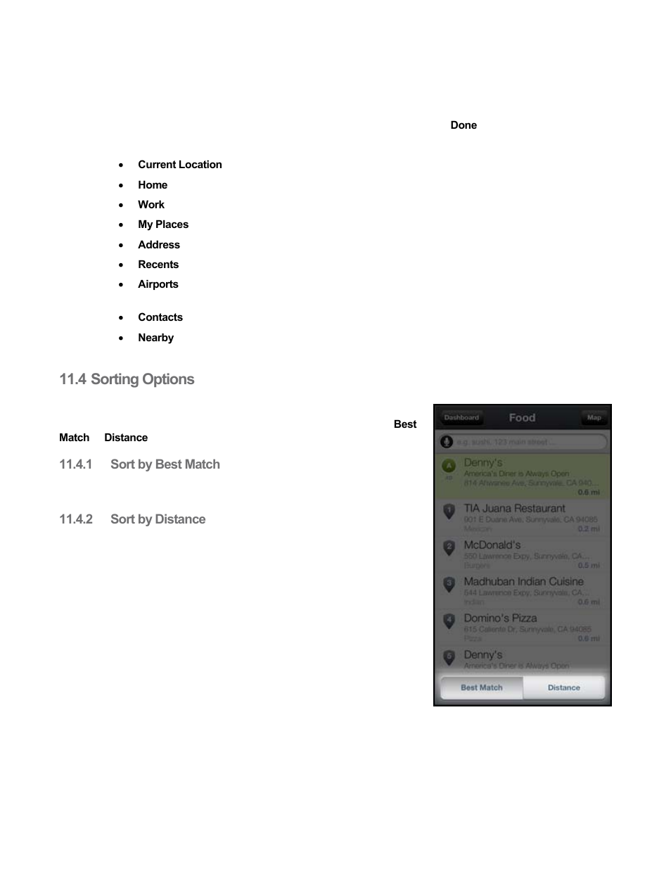 4 sorting options, 1 sort by best match, 2 sort by distance | Sorting options, Sort by best match, Sort by distance | Telenav Scout v1.8 for iPhone (open market) User Manual | Page 48 / 67