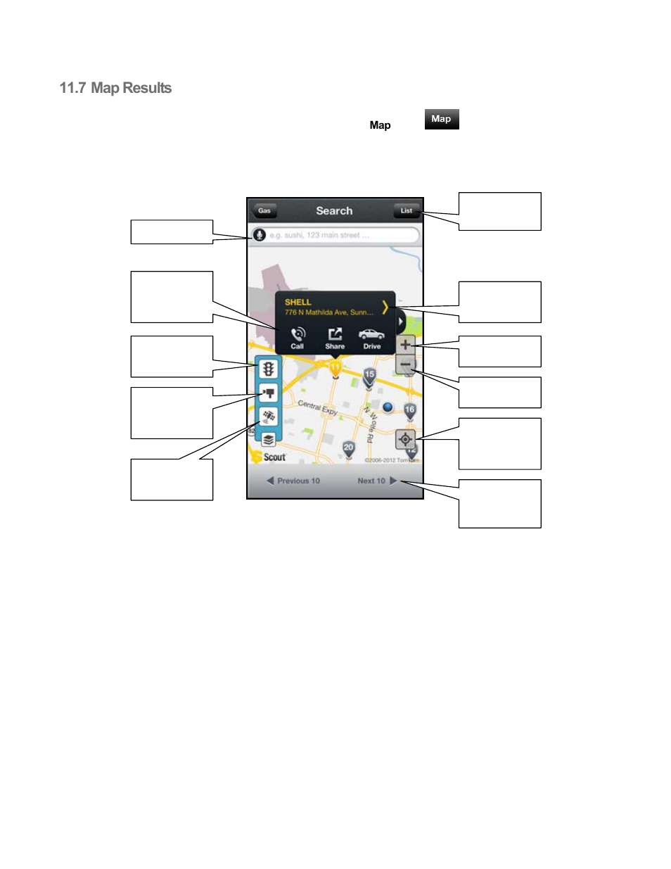 7 map results, Map results | Telenav Scout v1.8 for iPhone (open market) User Manual | Page 52 / 67