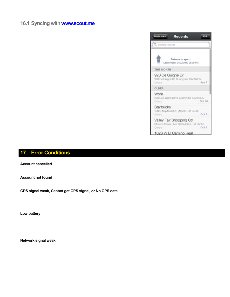 1 syncing with www.scout.me, Error conditions, Syncing with www.scout.me | Telenav Scout v1.8 for iPhone (open market) User Manual | Page 62 / 67