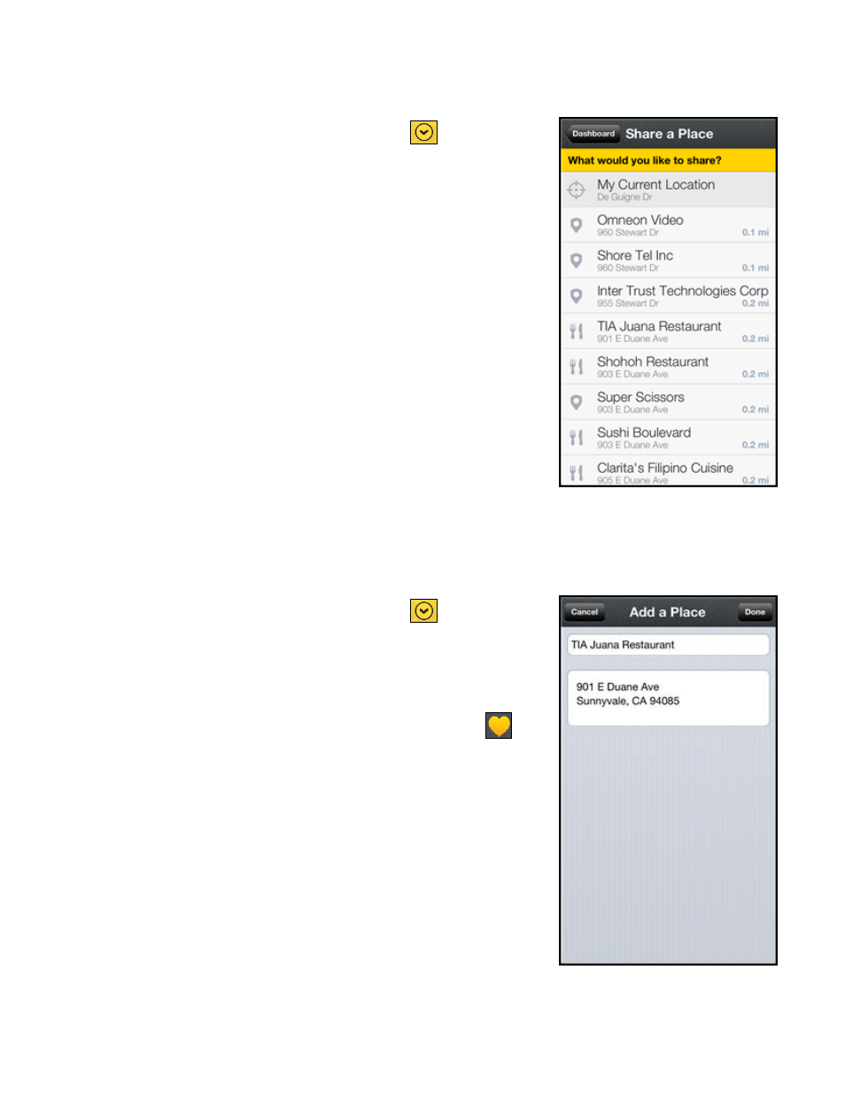 1 share location, 2 add to my places, Share location | Add to my places | Telenav Scout v1.7 for iPhone (open market) User Manual | Page 14 / 65