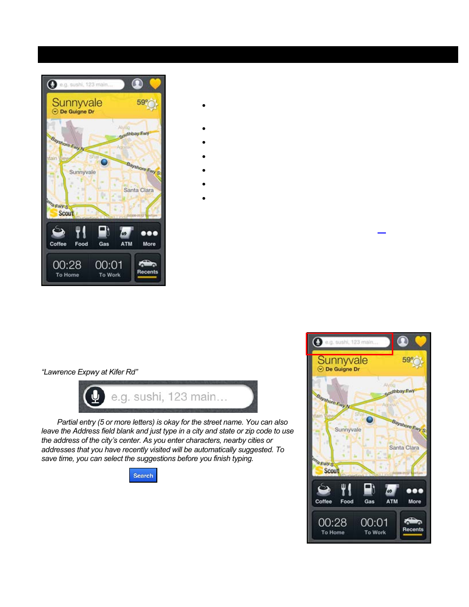 Get driving directions, 1 search bar, Search bar | Telenav Scout v1.7 for iPhone (open market) User Manual | Page 15 / 65