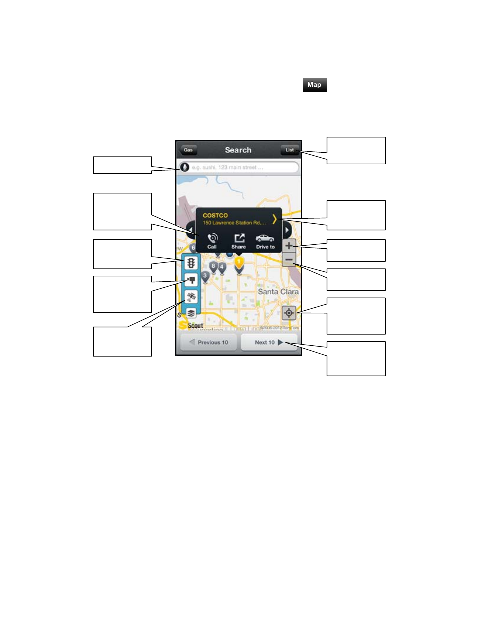 7 map results, Map results | Telenav Scout v1.7 for iPhone (open market) User Manual | Page 50 / 65