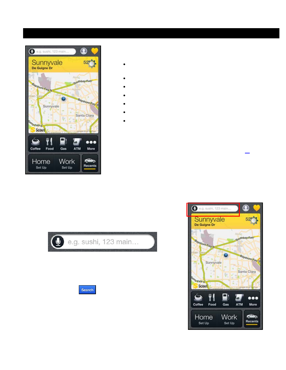 Get driving directions, 1 search bar, Search bar | Telenav Scout v1.6 for iPhone (open market) User Manual | Page 14 / 65