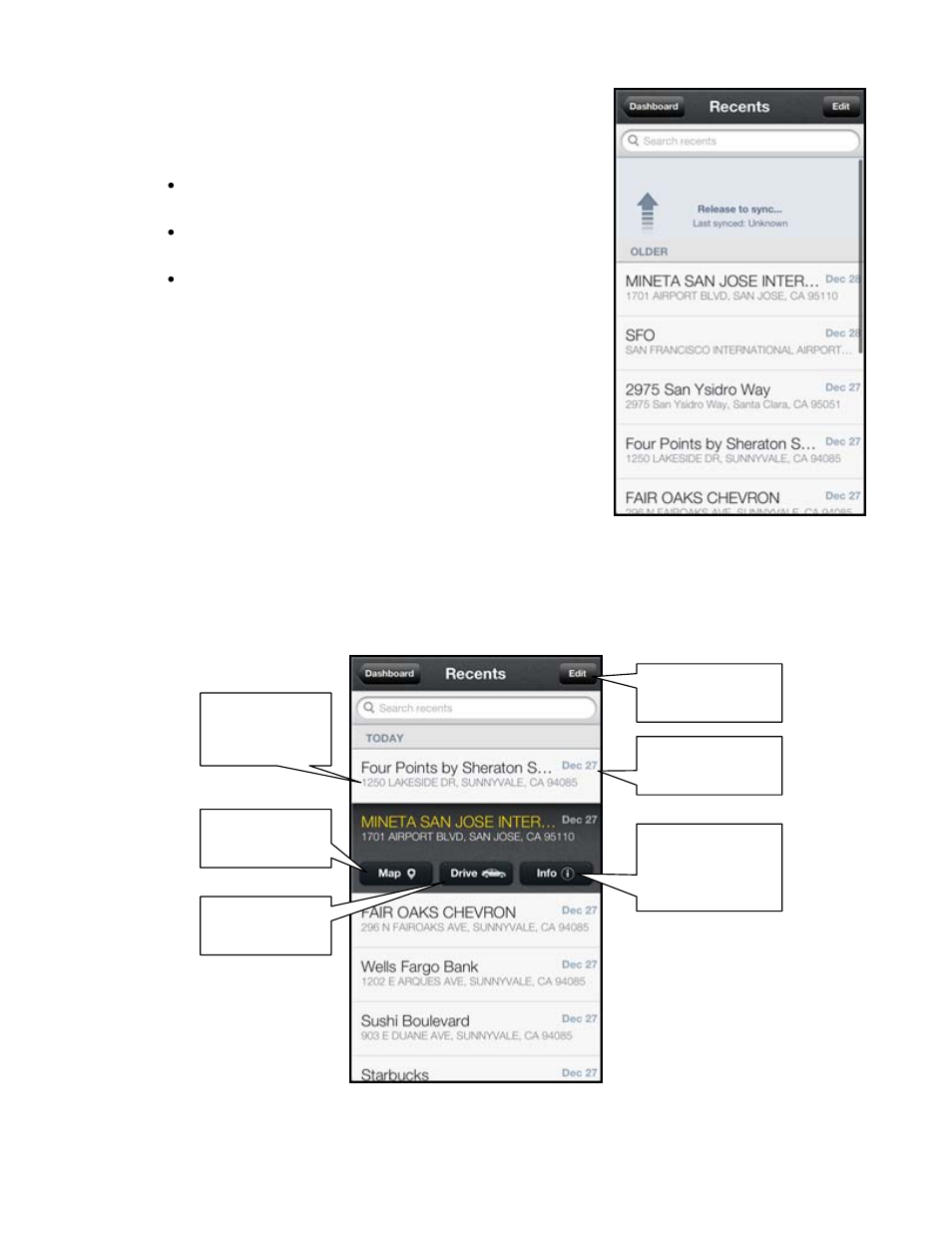 6 recents, Recents | Telenav Scout v1.6 for iPhone (open market) User Manual | Page 18 / 65