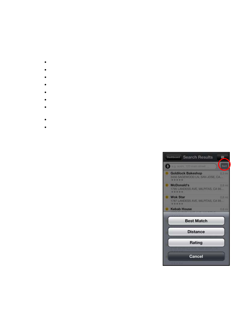 4 sorting options, 1 sort by best match, 2 sort by distance | 3 sort by rating, Sorting options, Sort by best match, Sort by distance, Sort by rating | Telenav Scout v1.6 for iPhone (open market) User Manual | Page 43 / 65
