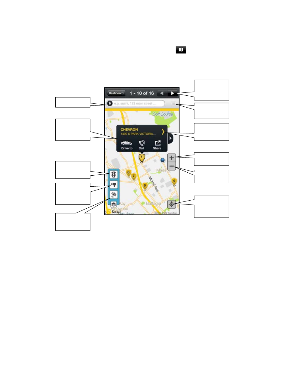 8 map results, Map results | Telenav Scout v1.6 for iPhone (open market) User Manual | Page 48 / 65