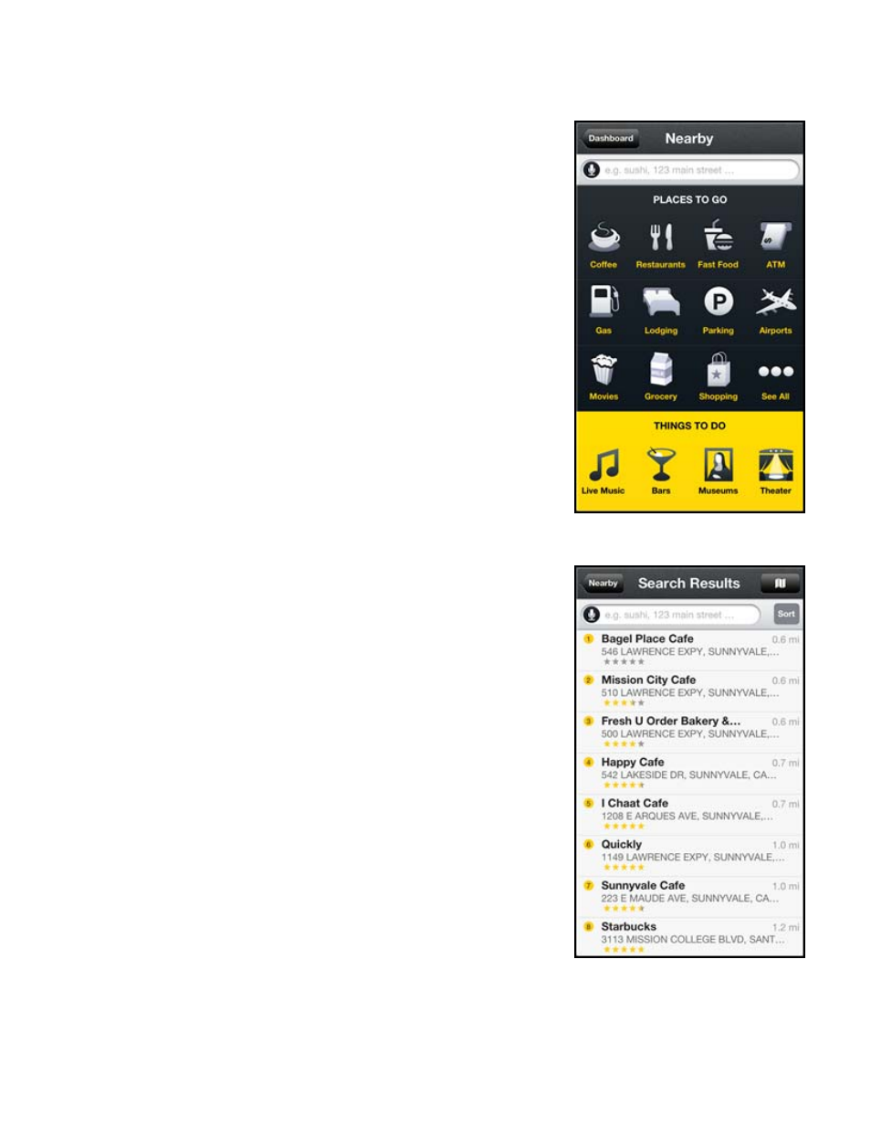10 search nearby, 11 ratings and reviews, Search nearby | Ratings and reviews | Telenav Scout v1.6 for iPhone (open market) User Manual | Page 50 / 65