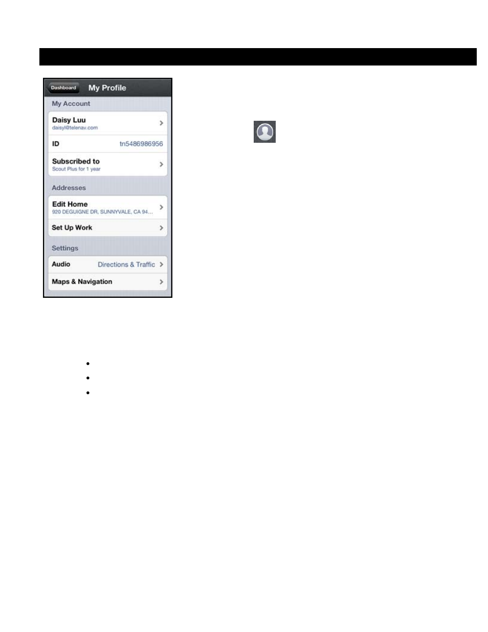 My profile, 1 my account, 2 addresses | 3 settings, 1 audio, 2 maps & navigation, My account, Addresses, Settings, Audio | Telenav Scout v1.6 for iPhone (open market) User Manual | Page 52 / 65