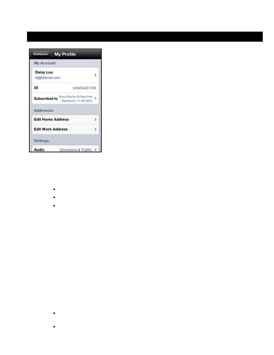 My profile, 1 my account, 2 addresses | 3 settings, 1 audio, 2 maps & navigation | Telenav Scout v1.5 for iPhone (open market) User Manual | Page 95 / 120