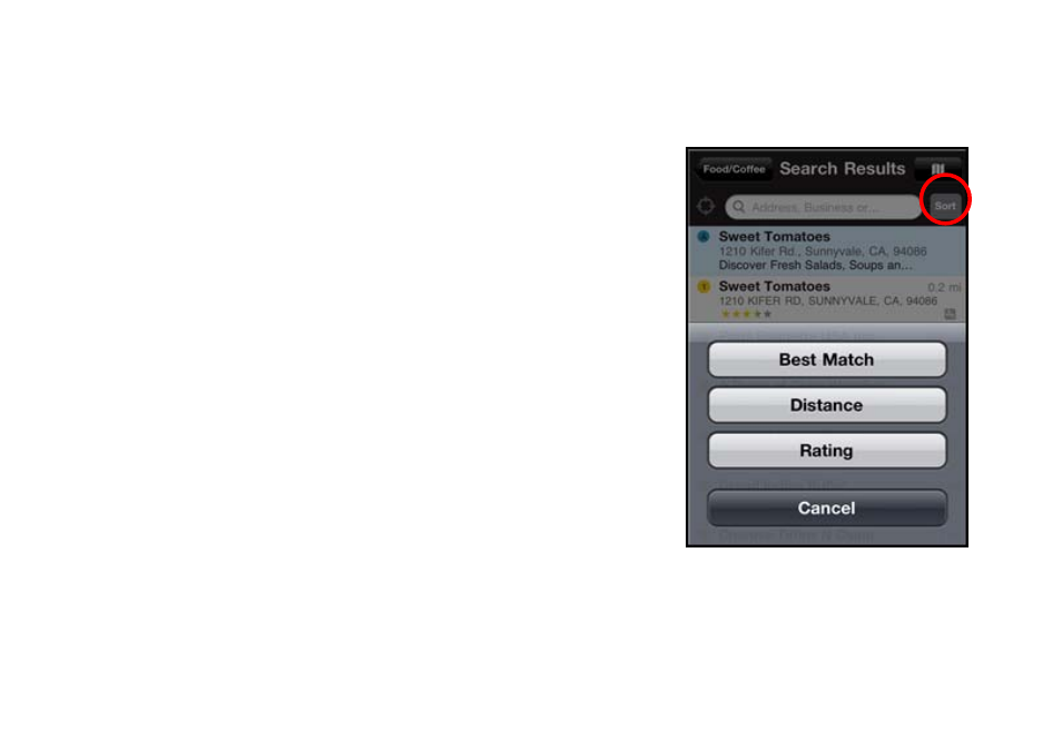 2 sorting options, 1 sort by best match, 2 sort by distance | 3 sort by rating | Telenav Scout v1.2 for iPhone (open market) User Manual | Page 88 / 131