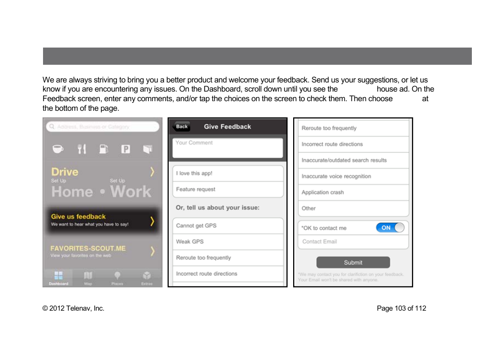 Feedback | Telenav Scout v1.0 for iPhone (open market) User Manual | Page 103 / 112