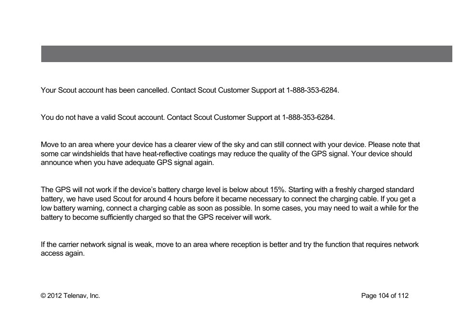 Error conditions | Telenav Scout v1.0 for iPhone (open market) User Manual | Page 104 / 112