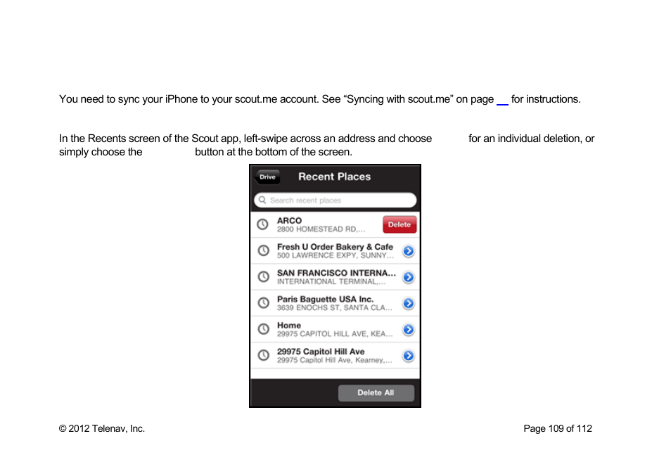 Telenav Scout v1.0 for iPhone (open market) User Manual | Page 109 / 112