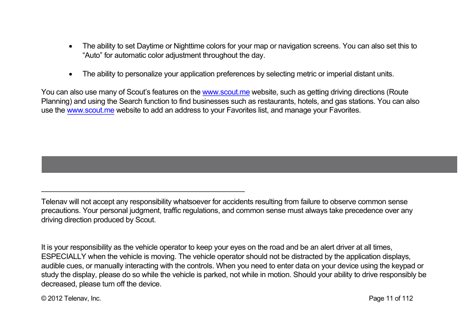 Safety and legal notices | Telenav Scout v1.0 for iPhone (open market) User Manual | Page 11 / 112