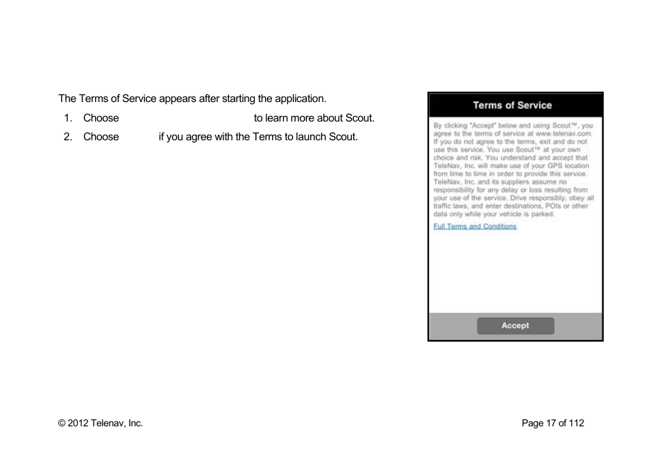 Terms of service | Telenav Scout v1.0 for iPhone (open market) User Manual | Page 17 / 112