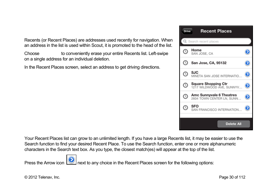 Recents | Telenav Scout v1.0 for iPhone (open market) User Manual | Page 30 / 112
