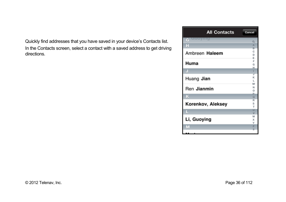 Contacts | Telenav Scout v1.0 for iPhone (open market) User Manual | Page 36 / 112