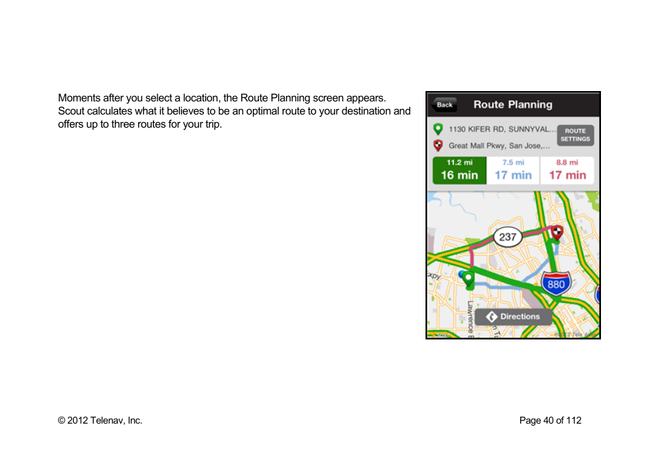 Route planning screen | Telenav Scout v1.0 for iPhone (open market) User Manual | Page 40 / 112