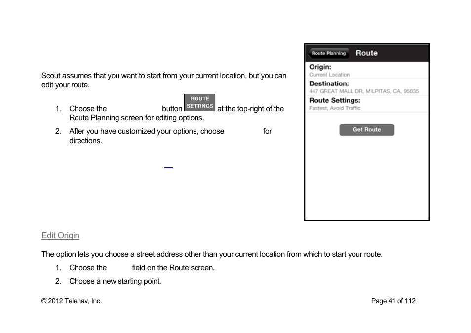Editing your route, Edit origin | Telenav Scout v1.0 for iPhone (open market) User Manual | Page 41 / 112
