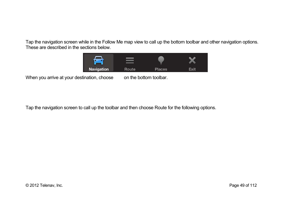 Navigation toolbar options, Route | Telenav Scout v1.0 for iPhone (open market) User Manual | Page 49 / 112