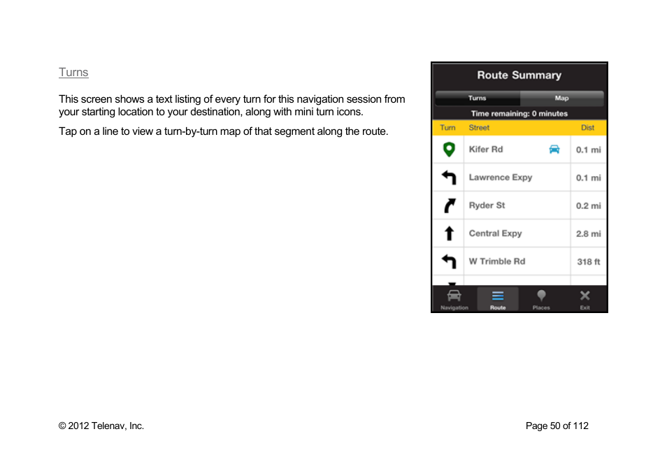 Turns | Telenav Scout v1.0 for iPhone (open market) User Manual | Page 50 / 112