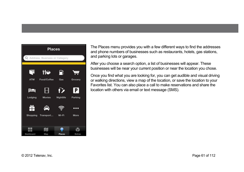 Places menu | Telenav Scout v1.0 for iPhone (open market) User Manual | Page 61 / 112