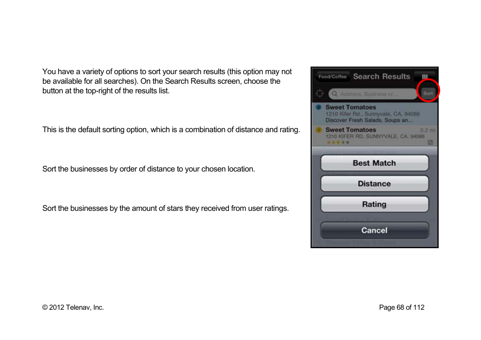 Sorting options, Sort by best match, Sort by distance | Sort by rating | Telenav Scout v1.0 for iPhone (open market) User Manual | Page 68 / 112