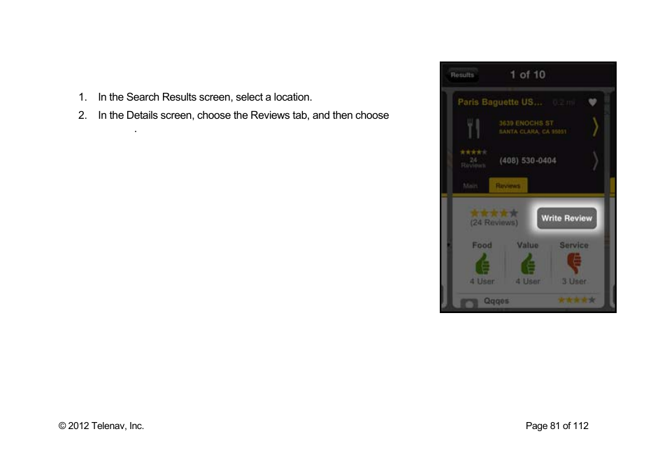 Submit your own rating and review | Telenav Scout v1.0 for iPhone (open market) User Manual | Page 81 / 112