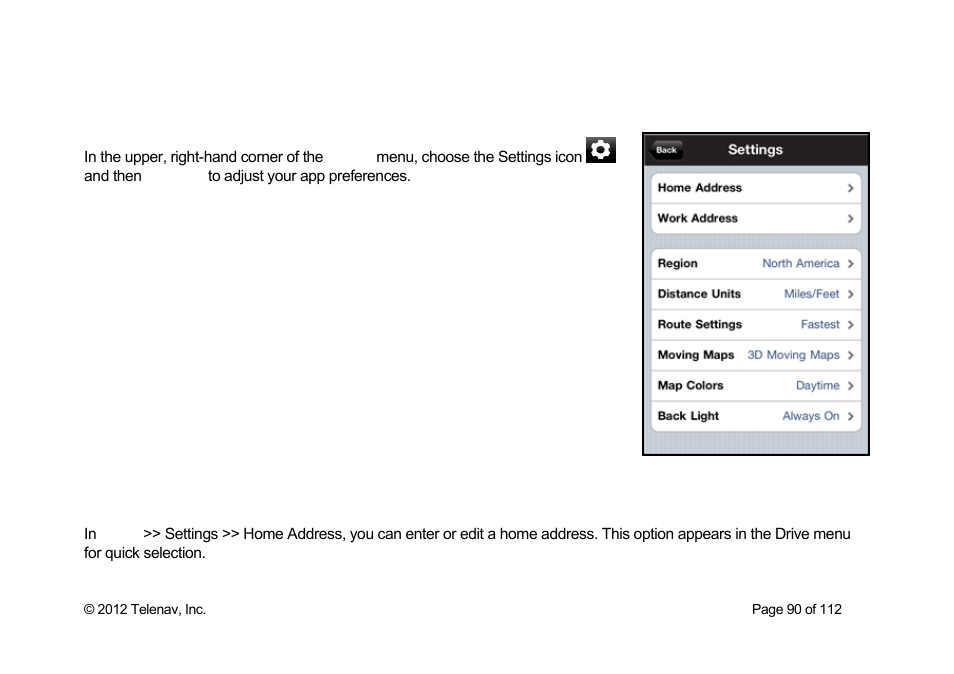 Settings, Home address | Telenav Scout v1.0 for iPhone (open market) User Manual | Page 90 / 112