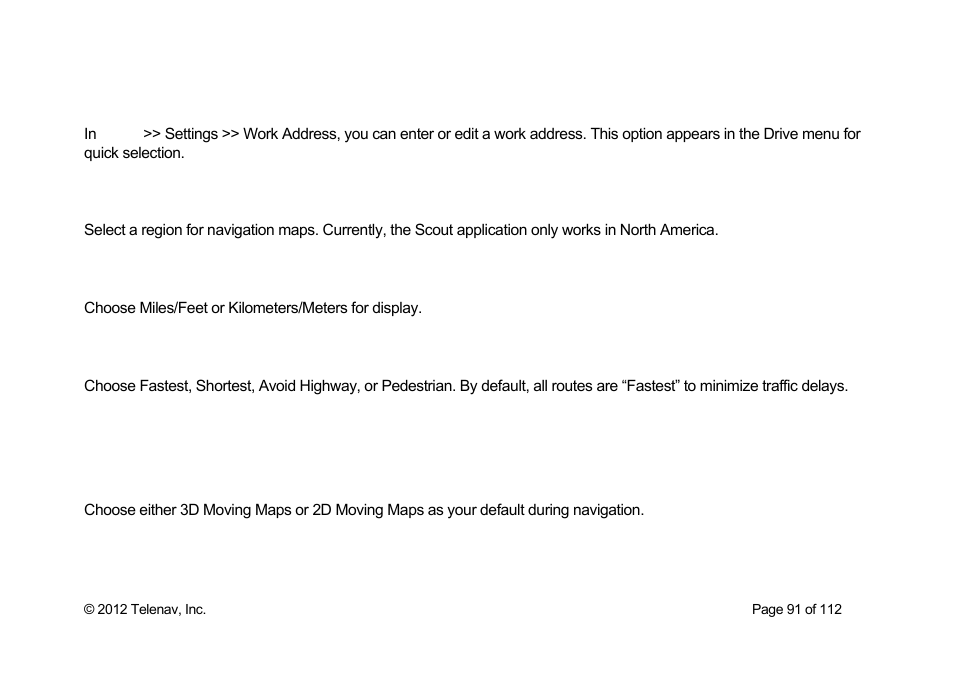 Work address, Region, Distance units | Route settings, Moving maps | Telenav Scout v1.0 for iPhone (open market) User Manual | Page 91 / 112