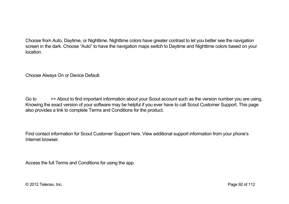 Map colors, Back light, About | Support info, Terms and conditions | Telenav Scout v1.0 for iPhone (open market) User Manual | Page 92 / 112