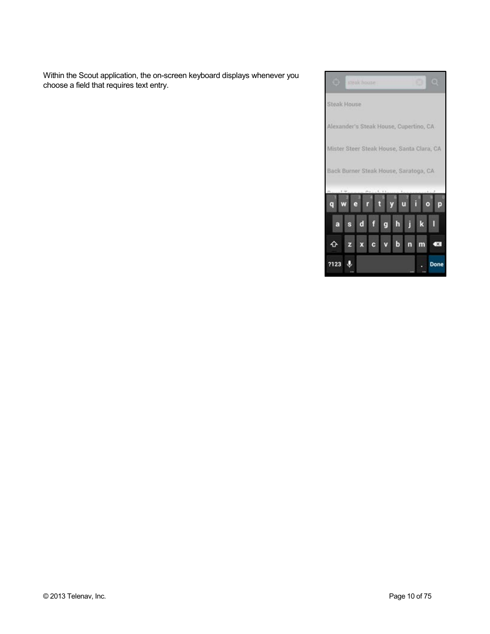 1 on-screen keyboard | Telenav Scout v1.4 for Android User Manual | Page 10 / 75