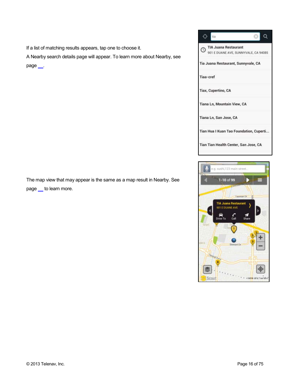 1 search results – list view, 2 search results – map view | Telenav Scout v1.4 for Android User Manual | Page 16 / 75