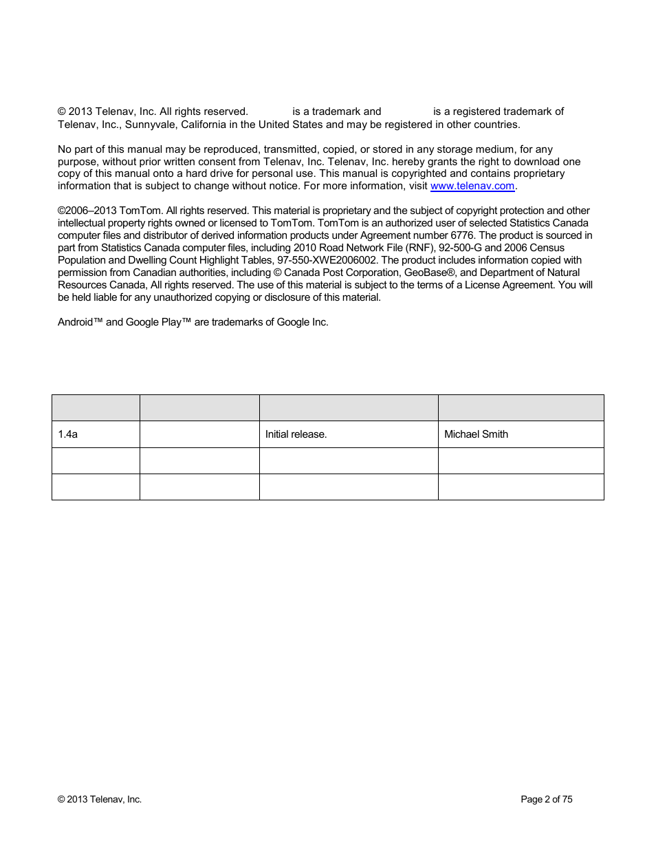 Copyright, Revision history | Telenav Scout v1.4 for Android User Manual | Page 2 / 75