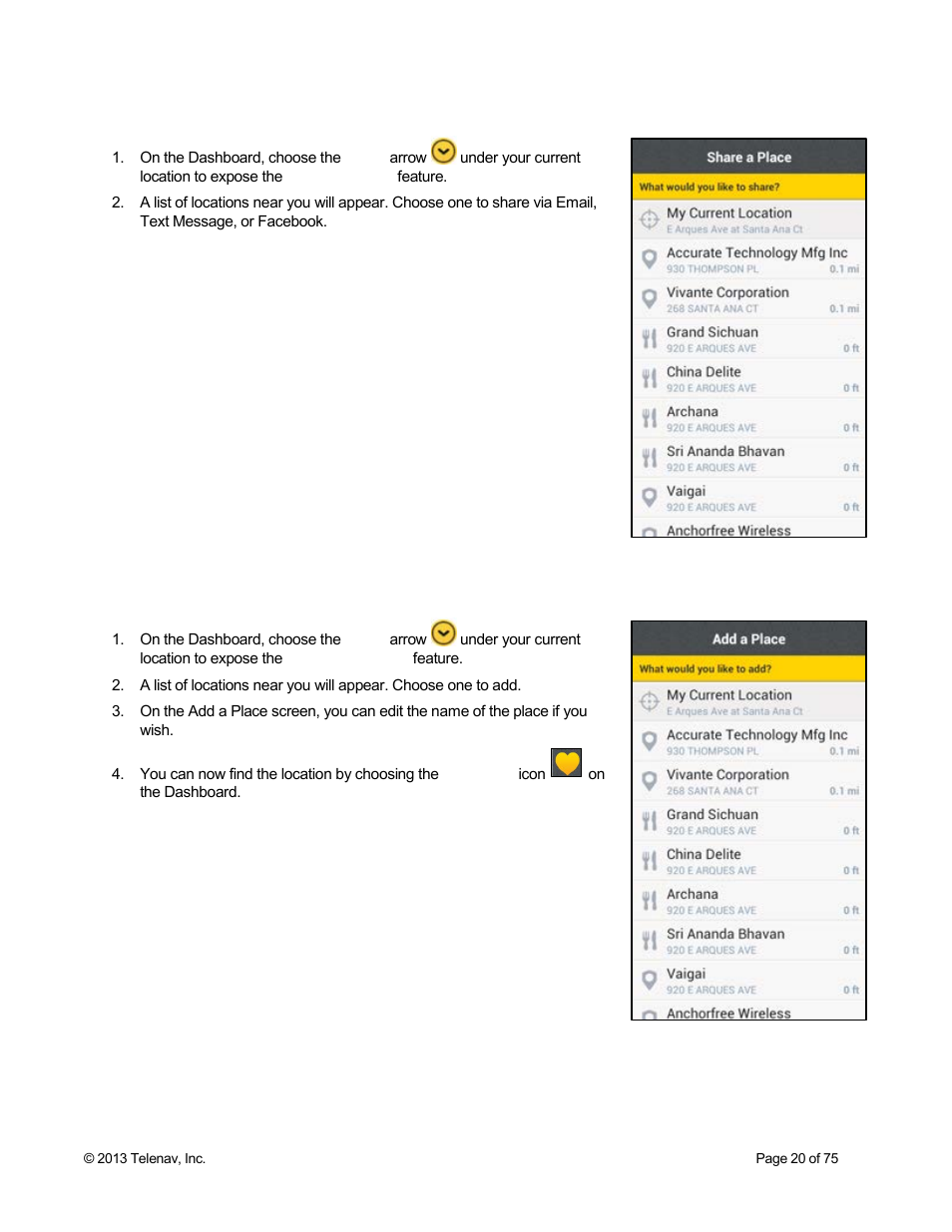 1 share location, 2 add to my places | Telenav Scout v1.4 for Android User Manual | Page 20 / 75