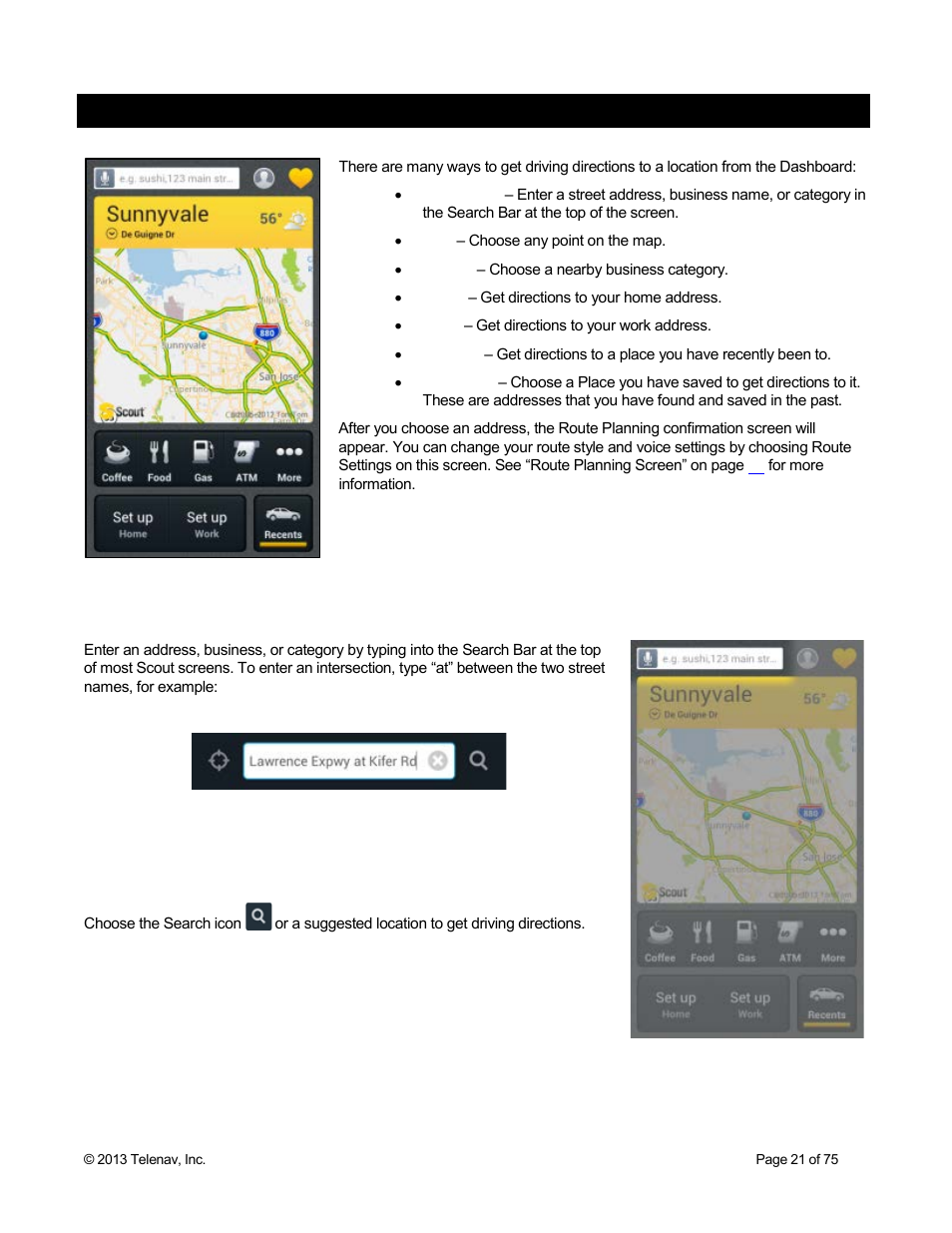 Get driving directions, 1 search bar | Telenav Scout v1.4 for Android User Manual | Page 21 / 75