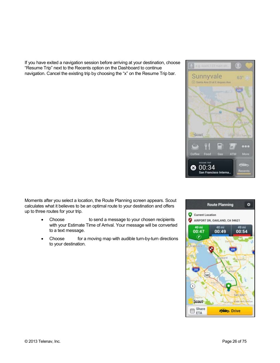 8 resume trip, 9 route planning screen | Telenav Scout v1.4 for Android User Manual | Page 26 / 75