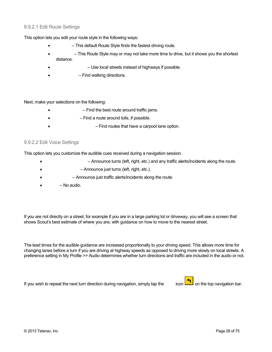 1 edit route settings, 2 edit voice settings, 10 moving to the nearest street | 11 audible guidance during navigation, 12 audio replay | Telenav Scout v1.4 for Android User Manual | Page 28 / 75