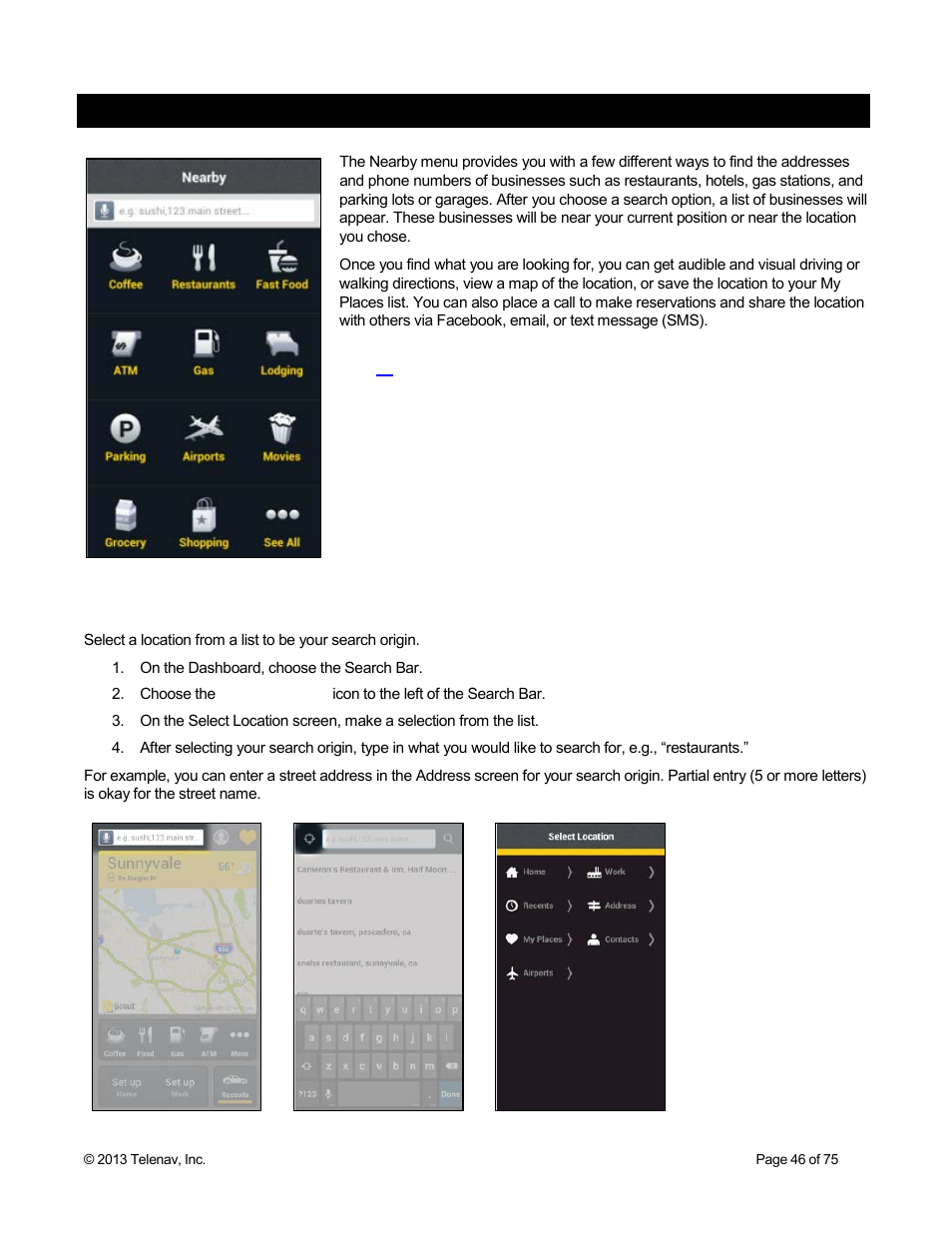 Nearby menu, 1 select location for a search point | Telenav Scout v1.4 for Android User Manual | Page 46 / 75