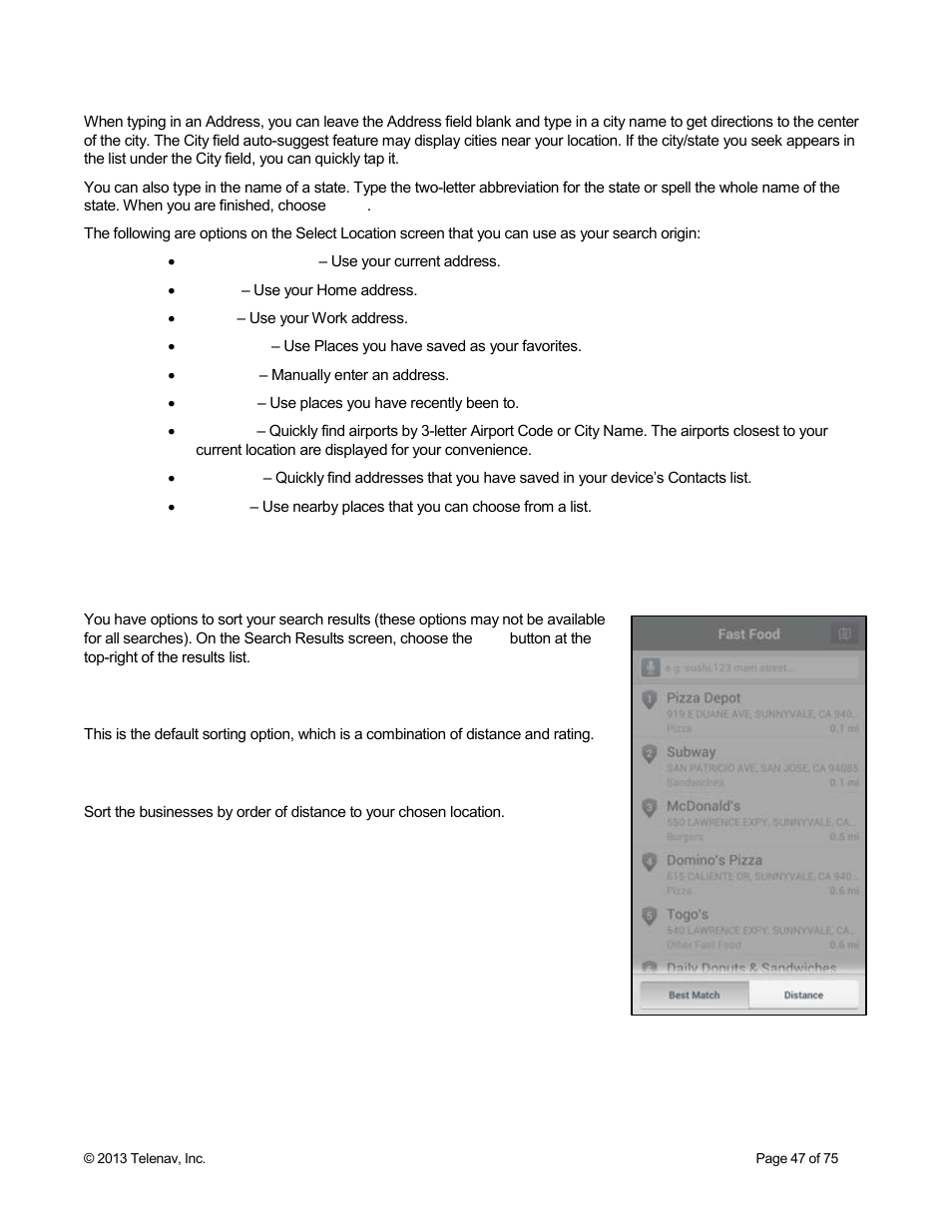 2 sorting options, 1 sort by best match, 2 sort by distance | Telenav Scout v1.4 for Android User Manual | Page 47 / 75