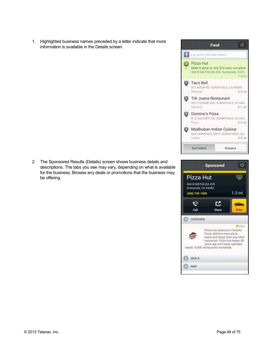 3 sponsored results | Telenav Scout v1.4 for Android User Manual | Page 48 / 75