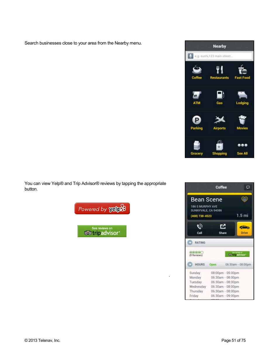 6 search nearby, 7 ratings and reviews | Telenav Scout v1.4 for Android User Manual | Page 51 / 75