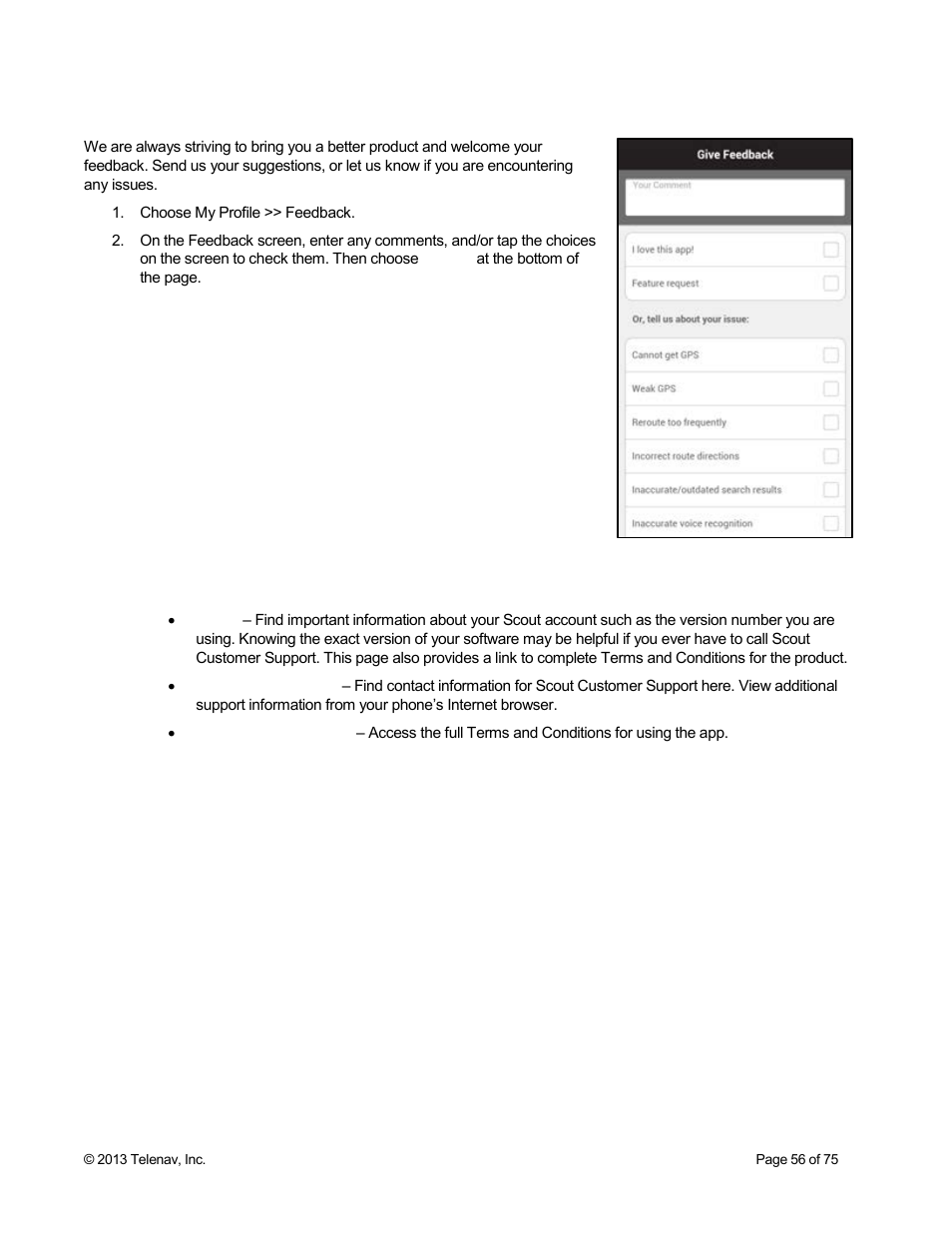 6 feedback, 7 scout info | Telenav Scout v1.4 for Android User Manual | Page 56 / 75